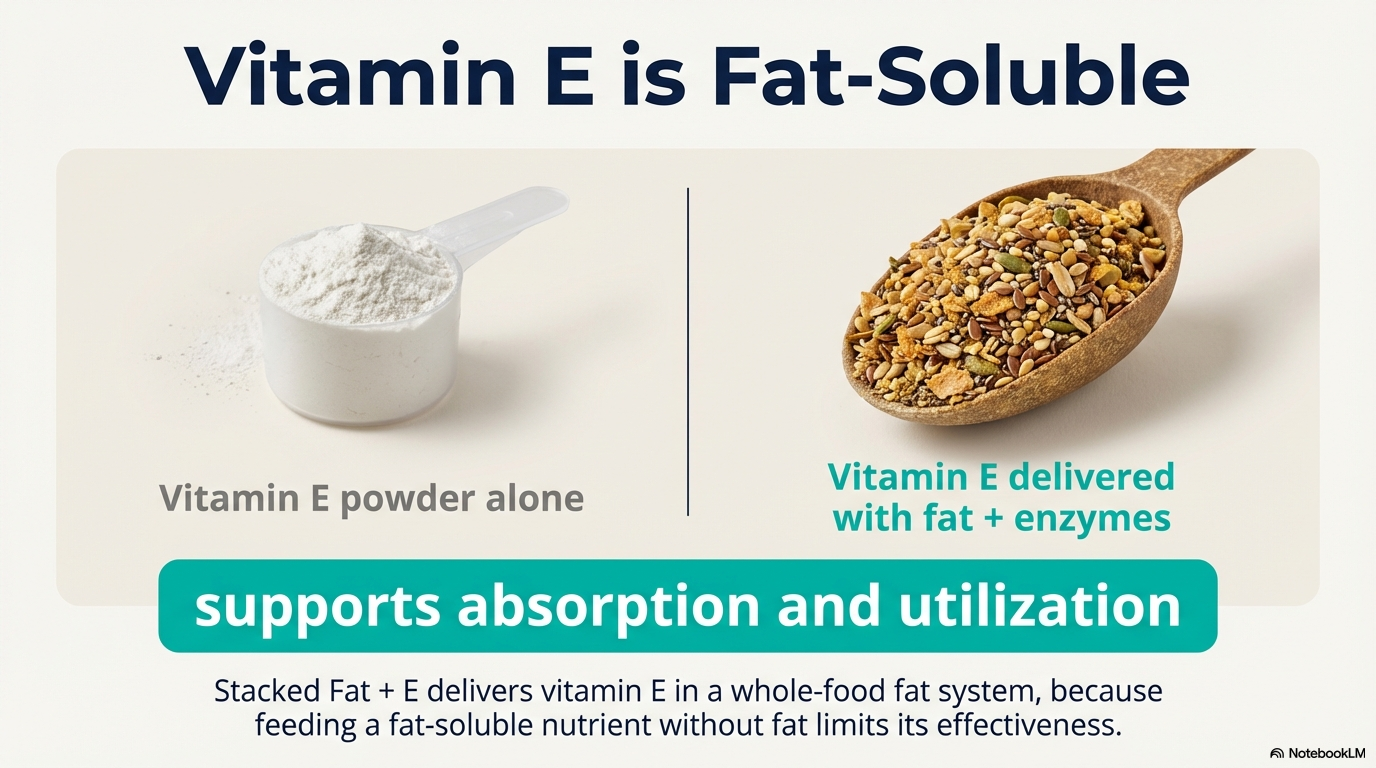 Vitamin E is fat-soluble: powder alone vs. with fat and enzymes