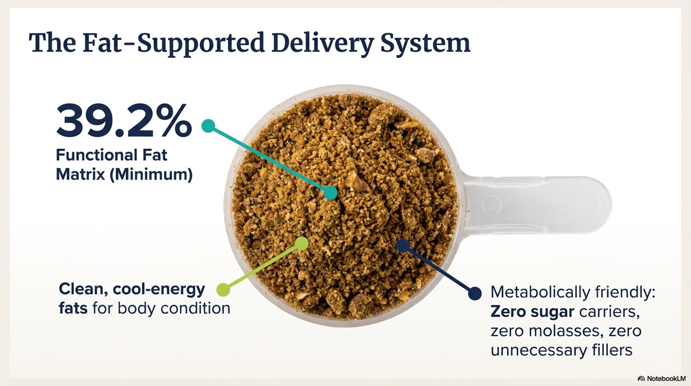The Fat-Supported Delivery System: 39.2% functional fat matrix, clean cool-energy fats, zero sugar carriers